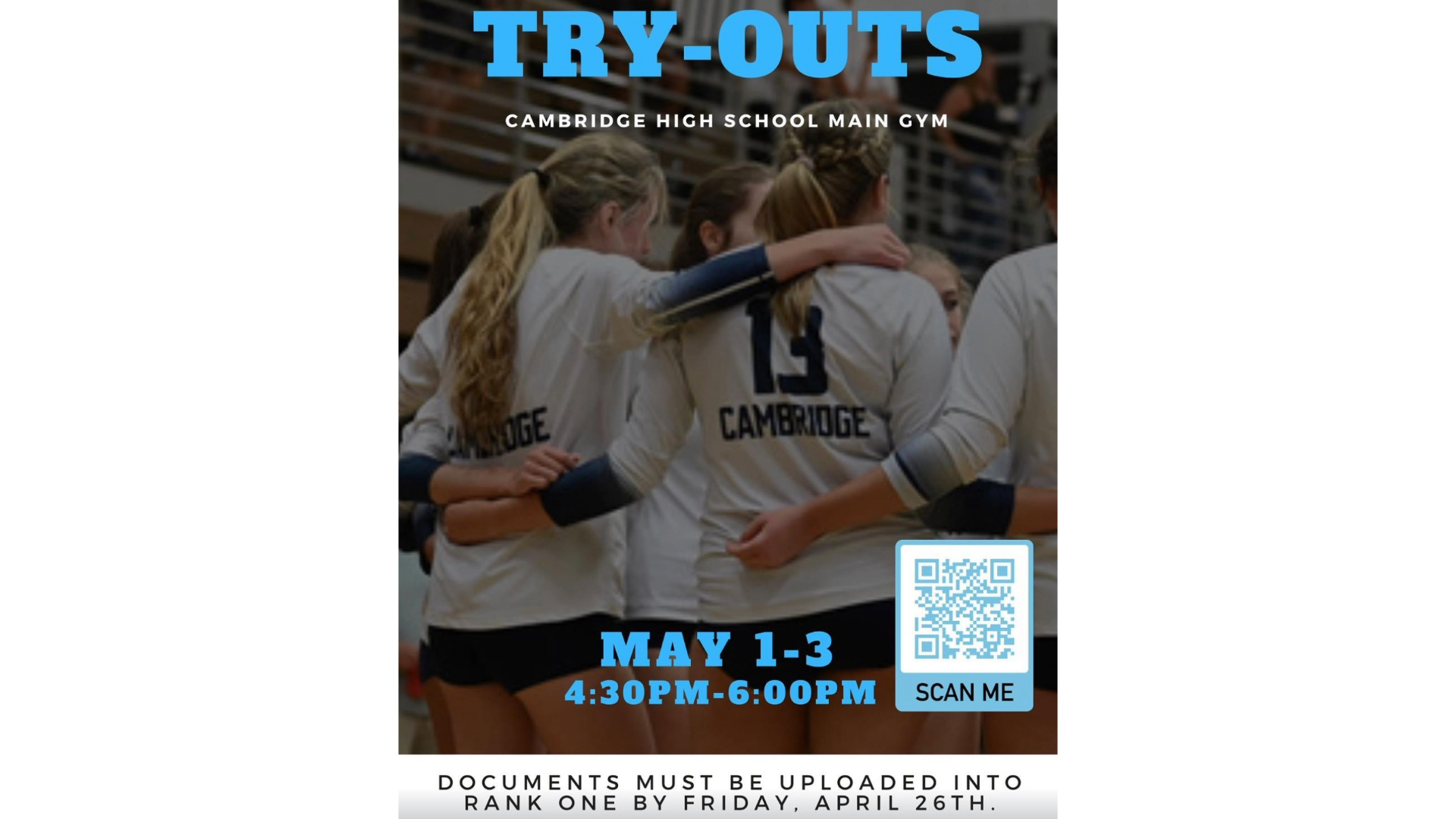 Volleyball Try Outs May 1-3rd. Rank One Forms due April 26th